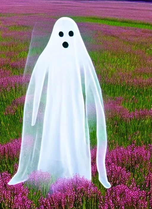 Image similar to photo of a highly detailed transparent ghost figure made of cloth and smoke stands in a field of flowers