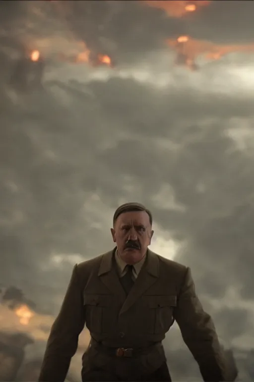 Image similar to a still of Hitler as Thanos in Avengers Endgame, close-up, sigma male, rule of thirds, award winning photo, highly detailed features, raining, ethereal lighting, Nazi pyramid backdrop