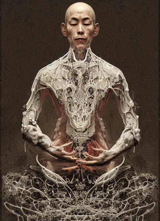 Image similar to portrait of a meditating cyborg monk, sacred scolls, fractal, in the style of ghosts in the shell, intricate ornaments, elegant, highly detailed, digital photography, subsurface scattering, by jheronimus bosch and greg rutkowski,