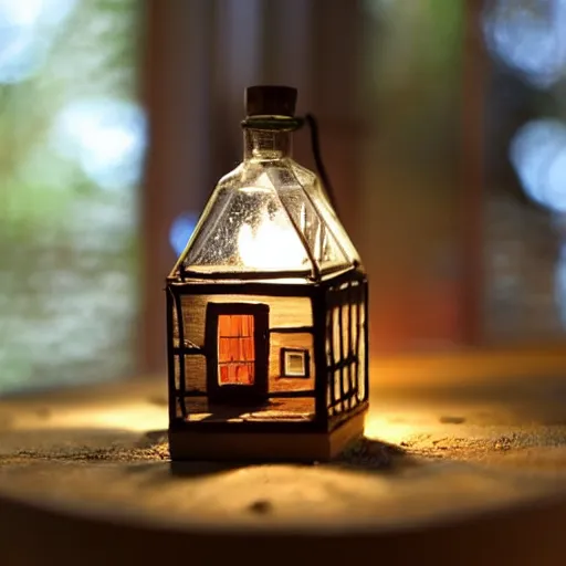 Prompt: a tiny wooden cottage with warm lights inside a terrarium bottle.