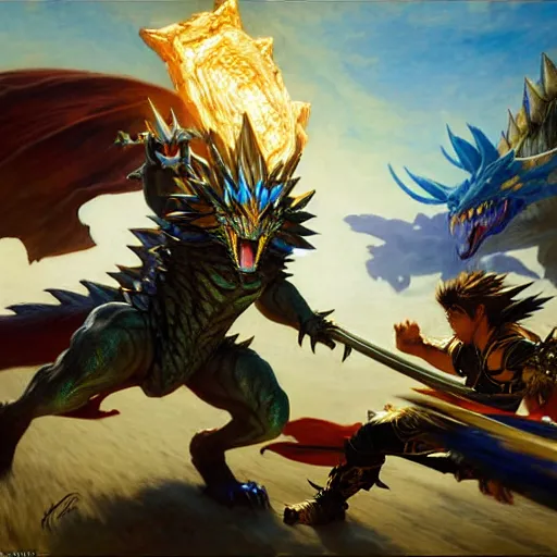 Prompt: stunning male master wizard fighting zinogre from monster hunter, highly detailed painting by gaston bussiere, craig mullins, j. c. leyendecker, 8 k