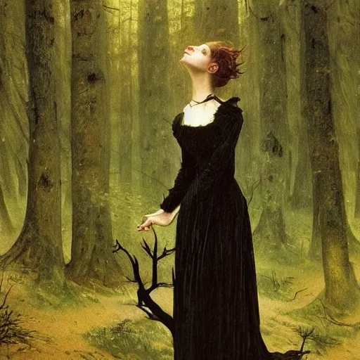 Prompt: A beautiful victorian woman, gothic dress, flowing hair, magical forest, oil painting, portrait, dramatic lighting, masterpiece, painted by Caspar David Friedrich