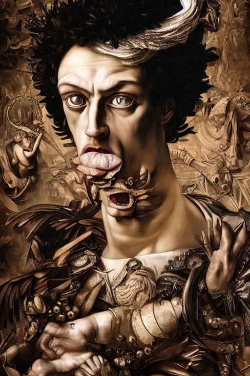 Image similar to Detailed maximalist portrait a Greek god with large white eyes and an angry face, HD mixed media 3d collage, highly detailed and intricate, surreal illustration in the style of Caravaggio, dark art, baroque