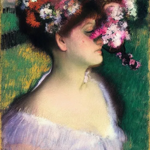 Image similar to Woman , in flowers on her face, Edgar Degas style