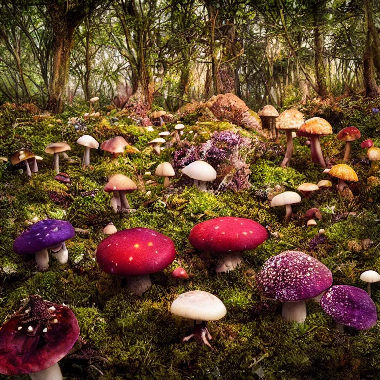 Image similar to a planet of various fungus, mushrooms, flowers and plants, inside the picture is infinity, Atmospheric, artistic photography, conceptual, long exposure outside the city, volumetric light