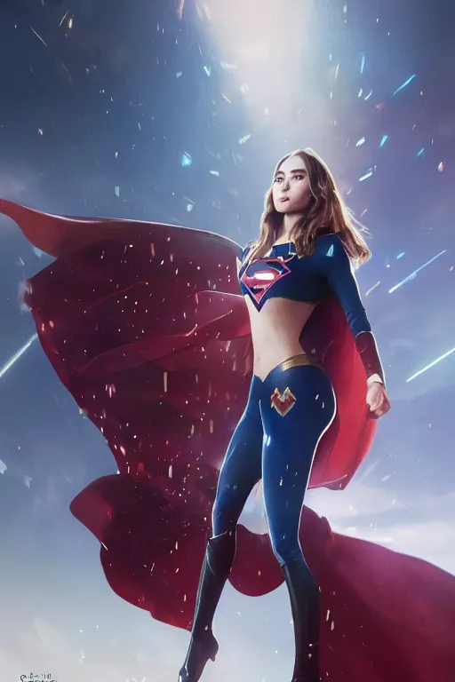 Image similar to a fancy close up of Lily Collins as Supergirl full body armor man of style suit by Greg Rutkowski, Sung Choi, Mitchell Mohrhauser, Maciej Kuciara, Johnson Ting, Maxim Verehin, Peter Konig, 8k photorealistic, cinematic lighting, HD, high details, dramatic, trending on artstation, full body shot