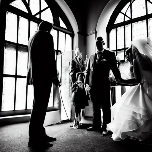 Image similar to a rhinoceros wearing a tiny suit in a wedding chapel, photo realistic, black and white, detailed, cinematic lighting