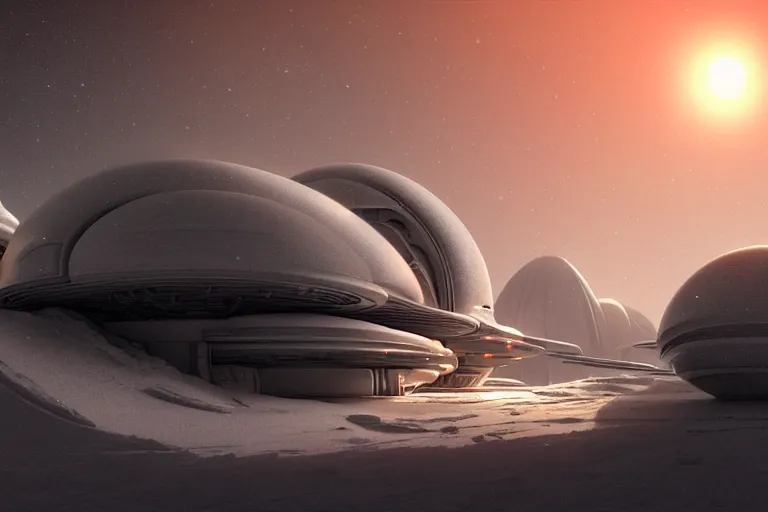 Image similar to futuristic space station in the snowy mountains 3 d concept art, cinematic lighting, intricate details, building by zaha hadid, pastel orange sunset, emissary space by arthur haas and bruce pennington and john schoenherr, cinematic matte painting, dark moody monochrome colors, trending on artstation, featured on behance