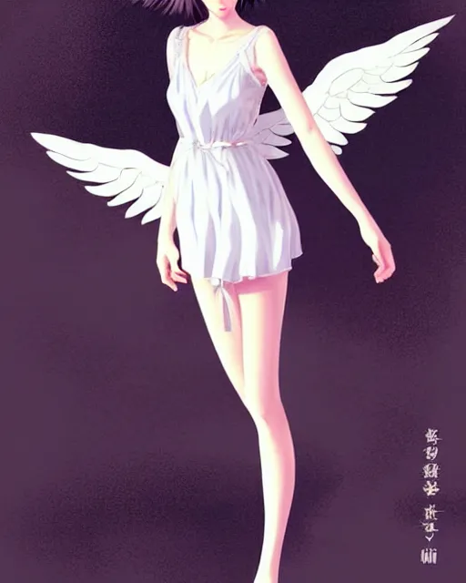 Image similar to infinitely detailed full - body portrait pale female peaceful dream angel wearing elegant clothes. beautiful! scenery art! by wlop & murata range, by ilya kuvshinov. artstation!! / pixiv!!