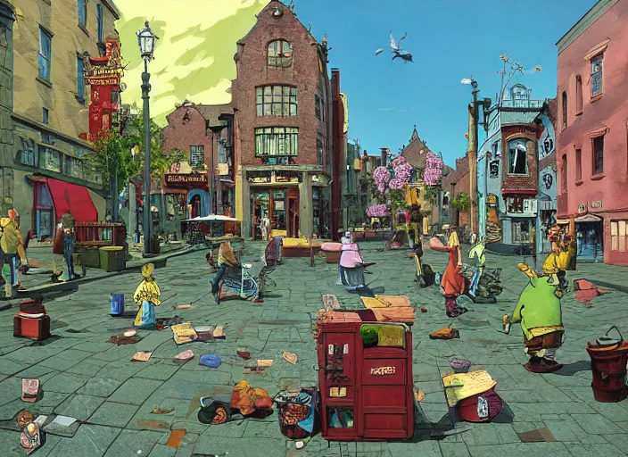 Image similar to dublin townsquare, summer morning, very coherent and colorful high contrast, art by gediminas pranckevicius, geof darrow, dark shadows, hard lighting