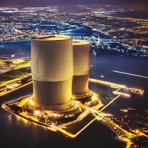 Prompt: photo of an upsidedown nuclear power plant at night birds eye view inception cinematic