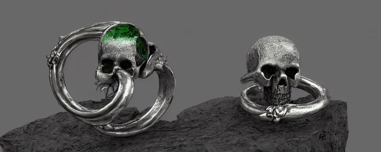 Image similar to simple ring with a skull, ring, skull, black, green mist emanates, smooth shank, crystals, engravings, product design, jewelry, art by gerald brom, greg rutkowski and artgerm and james jean and zdzisław beksinski, 8 k, unreal engine, c 4 d