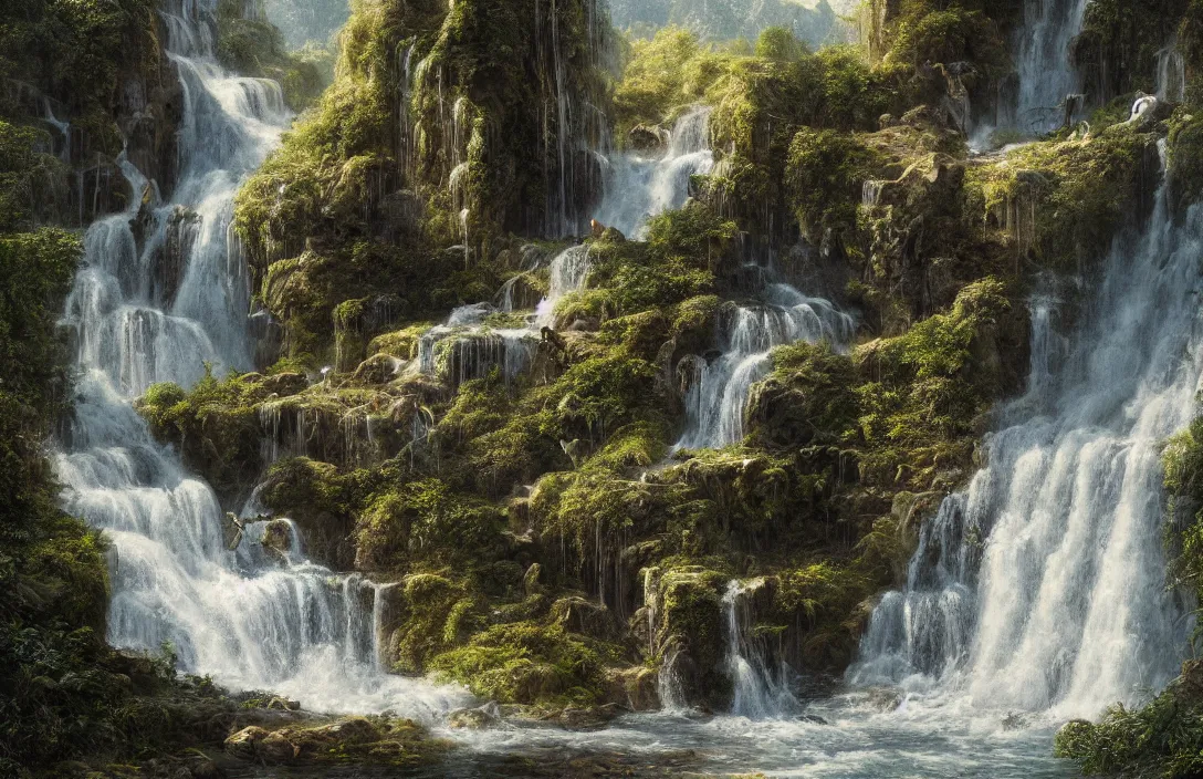 Prompt: a highly detailed textured waterfall within a swiss landscape, detailed, hyperreal phantastic, intricate details in environment, golden ratio, high aestehtic, cinematic light dramatic light, lightrays, distance, photobash, wideangle, terrence malick, hyperreal 4 k