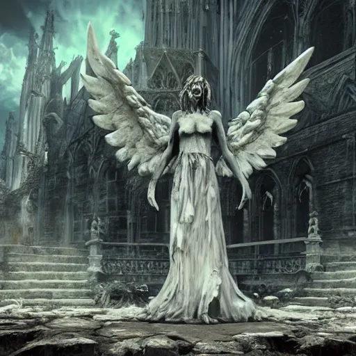 Image similar to a rotting zombie angel in front of a nation of worshippers, exterior cathedral, ultrafine colored illustration, hyperrealistic, cinematic atmosphere, intricate linework, sharp focus, octopath traveler, final fantasy, unreal engine highly rendered, global illumination, radiant light, intricate environment