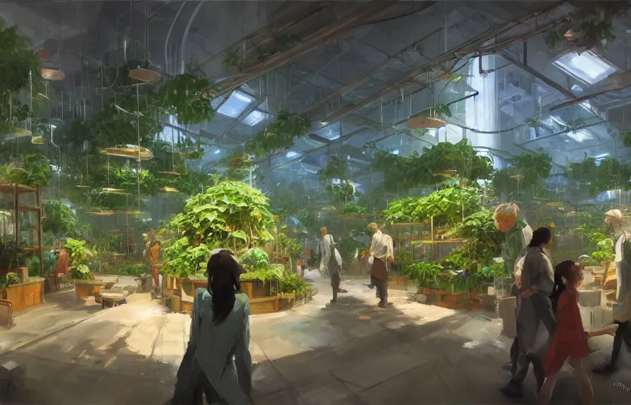 Image similar to greg manchess concept art of a lush indoor hydroponics lab in a far - future utopian city, key visual, ambient lighting, highly detailed, digital painting, artstation, concept art, sharp focus, by makoto shinkai and akihiko yoshida and hidari and wlop