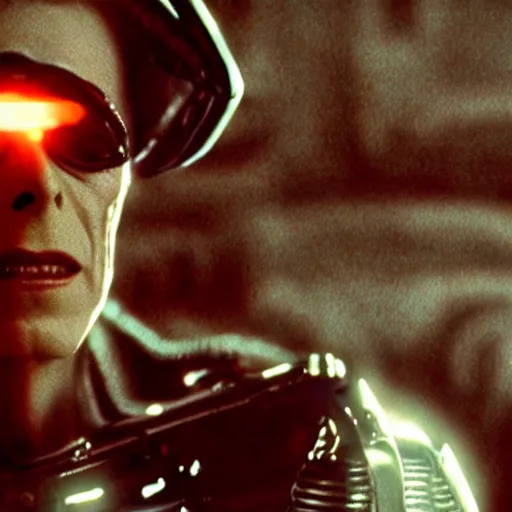 Image similar to movie still of cyborg david bowie, cinematic composition, cinematic light, criterion collection, by edgar wright