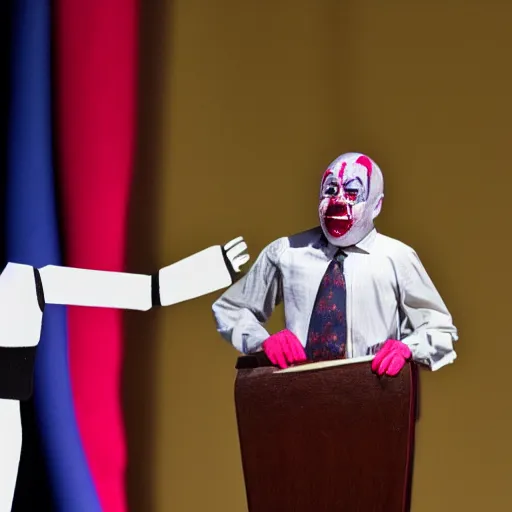 Image similar to string marionette of a president with clown makeup in a podium and a human shadow behind