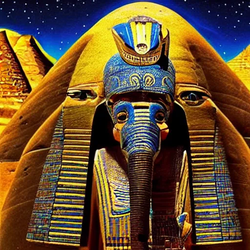 Prompt: the annunaki returned to egypt wearing space suits with egyptian pharaoh head - dresses and breathing hoses that look like elephant trunks - photo, close - up, alien - looking, cyborg, detailed, photo - realism