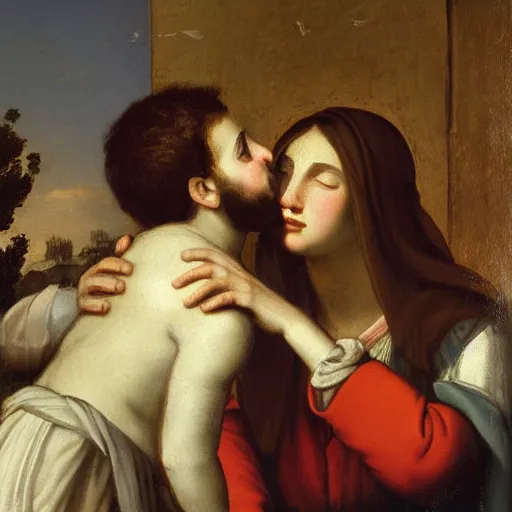 Image similar to an oil panting of a jesus kissing maria maddalena