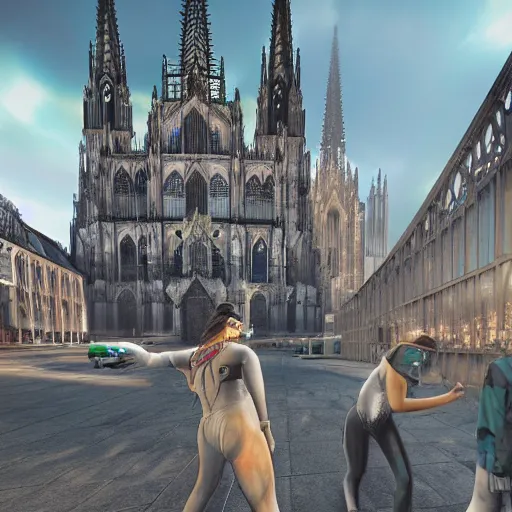 Image similar to a hyper real comic book style portait painting of the cathedral of cologne germany in the distant future with robots around, unreal 5, hyperrealistic, octane render, cosplay, rpg portrait, dynamic lighting