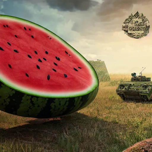 Image similar to Very very very very highly detailed Watermelon military vehicle with epic weapons, on a battlefield in russian city as background. Less Watermelon a lot more military vehicle, Photorealistic Concept 3D digital art in style of Caspar David Friedrich, super rendered in Octane Render, epic dimensional light