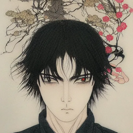 Image similar to prompt: Fragile looking soft light portrait face drawn by Takato Yamamoto and Katsuhiro Otomo, inspired by Ghost in Shell anime, magical and alchemical objects on the side, soft light, intricate detail, intricate ink painting detail, sharp high detail, manga and anime 2000