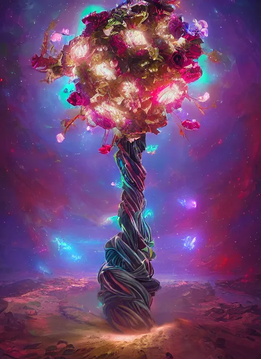 Image similar to An epic fantastic realism comic book style painting of the most beautiful entwined flowers launched across the dark galactic night sky, nebulous bouquets, fisheye lens, unreal 5, DAZ, hyperrealistic, octane render, dynamic lighting