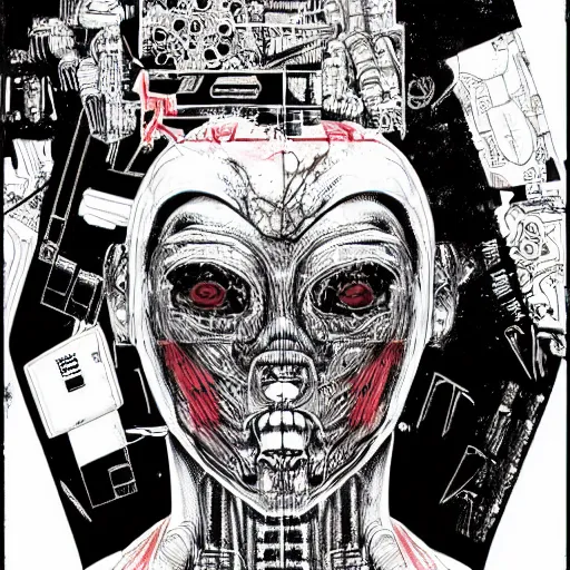 Prompt: horrific cyberpunk robot human cyborg, flesh and bones exposed, junji ito style manga drawing, highly detailed