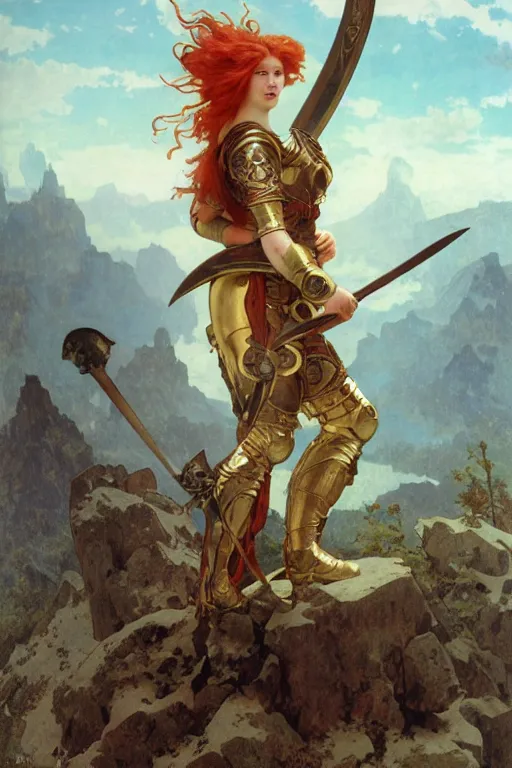 Image similar to full - body matte portrait of a legion of red haired lesbian valkyries in a heroic pose and wearing thick bronze plate armor at the top of a mountain holding a spear made of lightning, art by albert bierstadt, alphonse mucha, andreas rocha, greg rutkowski, sharp edges. ultra clear detailed. 8 k. elegant. octane render