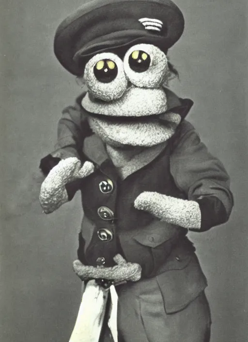Prompt: grainy 1940’s WWII military portrait of an anthropomorphic frog muppet dressed like a soldier, professional portrait HD, frog, frog head, authentic, Kermit, muppet weird