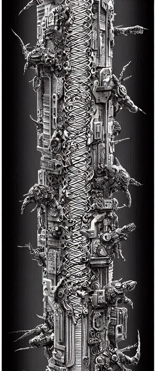 Prompt: a double helix dna cyberpunk steampunk carved pillar, high details, lineart, by vincent di fate and joe fenton, inking, screen print, masterpiece, trending on artstation, sharp, high contrast, hyper - detailed,, hd, 4 k, 8 k