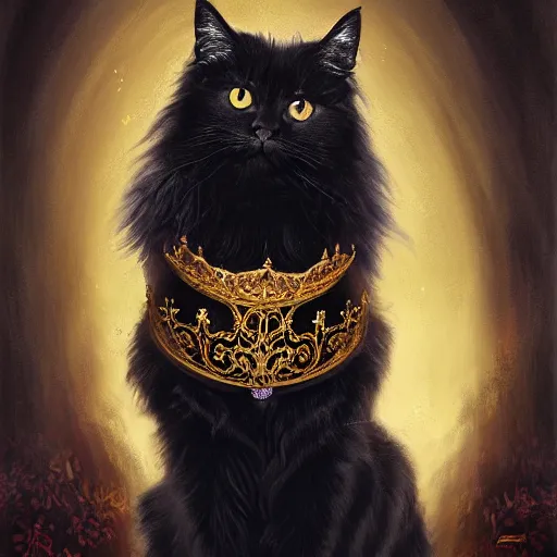 Prompt: an oil painting portrait of a long haired fluffy black Cat wearing medieval royal robe and an ornate crown on a dark space background digital Art, concept Art, highly detailed, 3-D 4K, trending on art station, Mark Brooks,