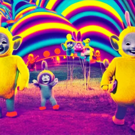 Prompt: Teletubbies Tame Impala album cover art