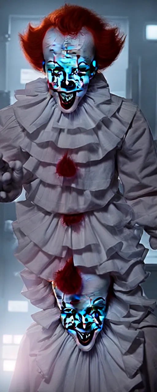 Image similar to a photograph of pennywise dressed as a doctor in a hospital, hyperdetailed, intricate, dramatic, horror movie, movie still, 4 k realistic, volumetric lighting, sharp focus