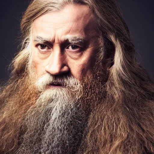 Prompt: hyperrealistic photograph of a brown-haired viking Dumbledore, 8k, profile picture, cinematic, high contrast, epic real fantasy, stoic facial expression, looking at the camera