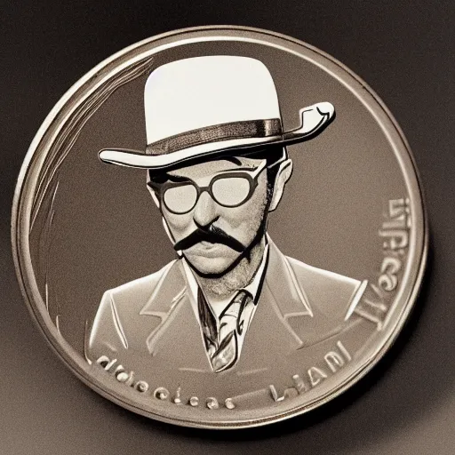 Image similar to A photograph of a delicious unwrapped chocolate coin which is engraved with a portrait of leon redbone circa 1975, smoking a cigar and wearing a greek fisherman's cap, highly detailed, close-up product photo, depth of field, sharp focus, soft lighting