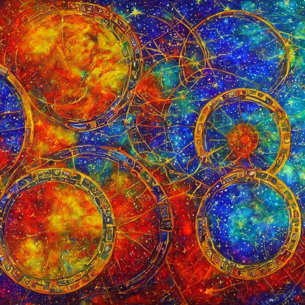 Prompt: great wheel cosmology divine realms celestial and infernal essence lunar mythos solar mythos, award winning painting, brilliant color palette