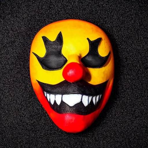 Prompt: scary clown mask logo, black background, interesting