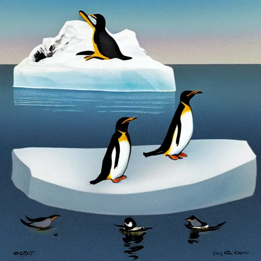 Image similar to penguins on an iceberg, cartoon by s. gross