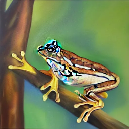 Prompt: beautiful oil painting of common frog sitting on a tree, day light, sunlight swamp, award - winning, matte,