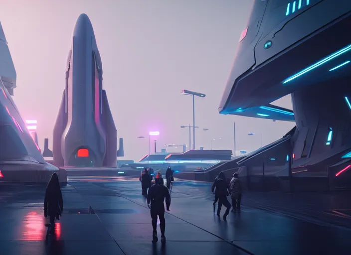 Image similar to a futuristic colony, blade runner 2 0 4 9 city architecture, spacex starship rocket launch site, environmental lighting, stromy weather, ray tracing, people walking in street, amazing view, futuristic, highly detailed, heavy traffic, neon shops, octane render, unreal engine 5, 4 k