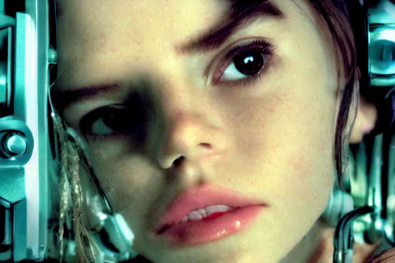 Image similar to cinematography closeup portrait of a cyborg girl in a cyberpunk apartment by Ridley Scott