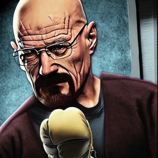 Image similar to walter white from breaking bad fighting freddy fazbear with his fists, 4 k, hyper realistic