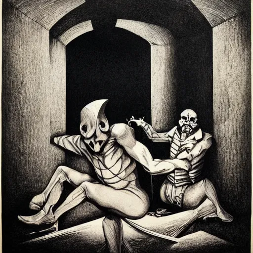 Image similar to lithography on paper secret villain layer dungeon conceptual figurative post - morden monumental dynamic portrait by goya and escher and hogarth, illusion surreal art, highly conceptual figurative art, intricate detailed illustration, controversial poster art, polish poster art, geometrical drawings, no blur