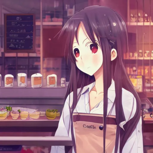 Prompt: Anime girl in a typical coffee shop in Quindio, Artwork by Makoto Shinkai, official media, 8k, pixiv, high definition, wallpaper, hd, digital artwork