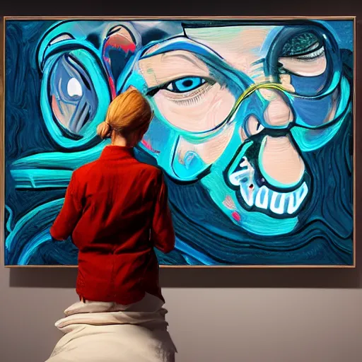 Image similar to art curator looking bored at paintings on a screen in a chat interface, in the style of grand chamaco and stanley kubrick, inspired by die antwoord, photorealistic, epic, super technical, cinematic still