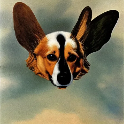 Image similar to a corgi with wings by salvador dali