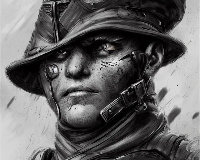 Image similar to A soldier cat warrior in world war one, close-up, realistic face, sharp facial features, mature facial features, black and white, amazing digital art, hyper detailed, artstation, in the style of Tony Sart