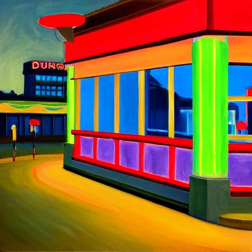 Image similar to a painting of an 80s diner with colorful lights, vintage sports cars are parked in front of it, it is night, the colorful lights of the diner light up the street, in the style of Edward Hopper, 4k,