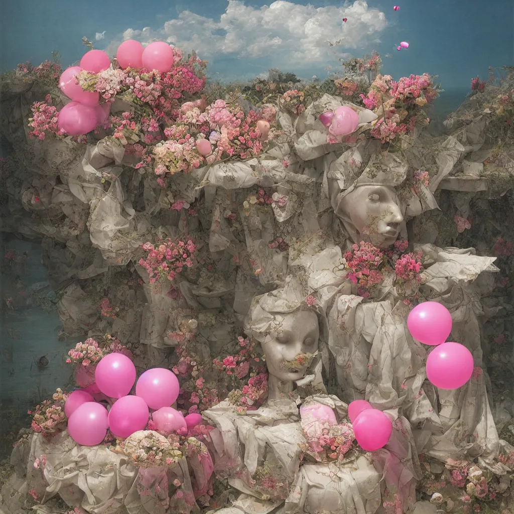 Image similar to liminal spaces, party balloons, checkered pattern, David Friedrich, award winning masterpiece with incredible details, Zhang Kechun, a surreal vaporwave vaporwave vaporwave vaporwave vaporwave painting by Thomas Cole of an old pink mannequin head with flowers growing out, sinking underwater, highly detailed